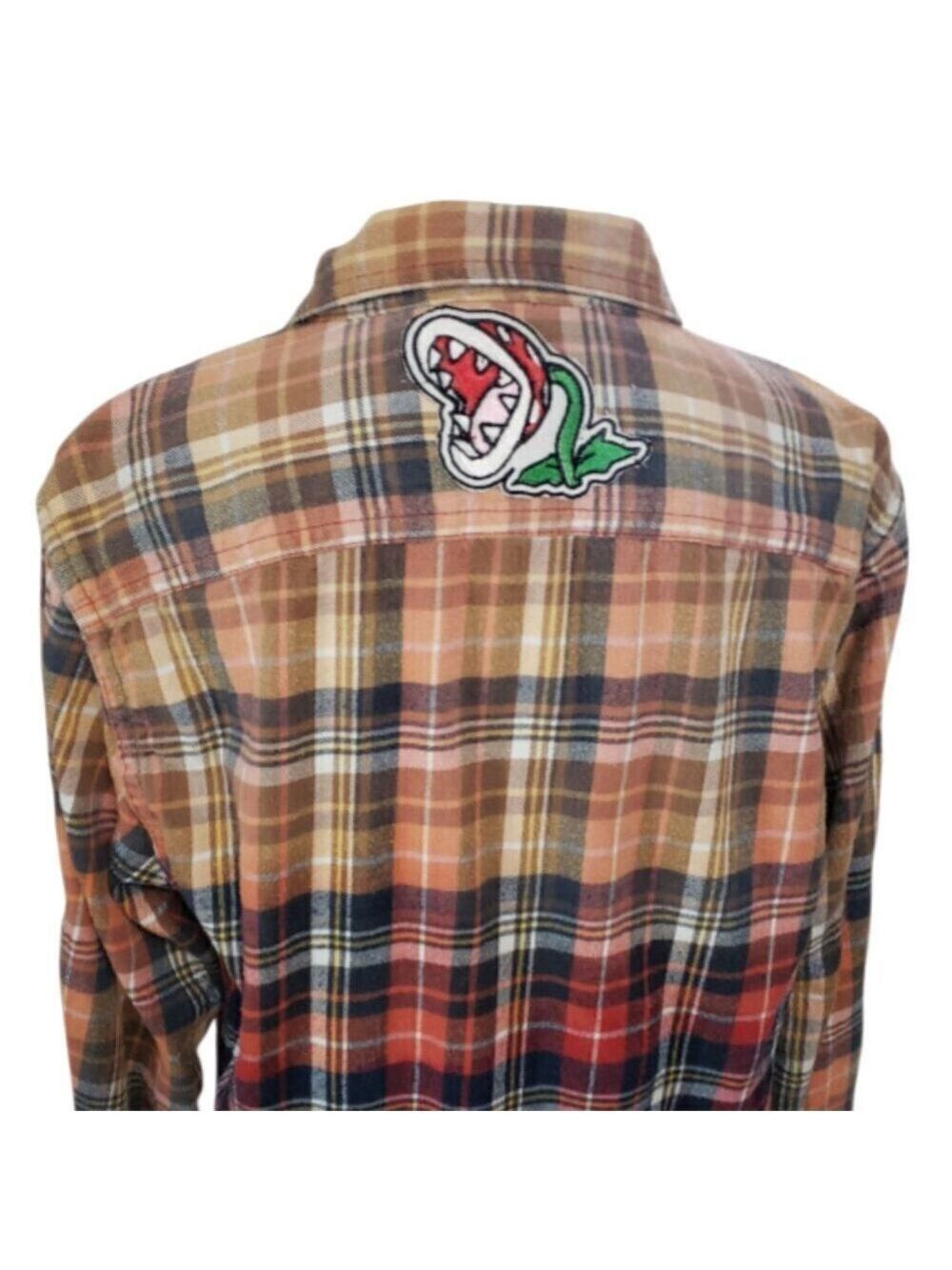 Upcycled Distressed Flannel with "Fire Piranha" Embroidered Patch Large